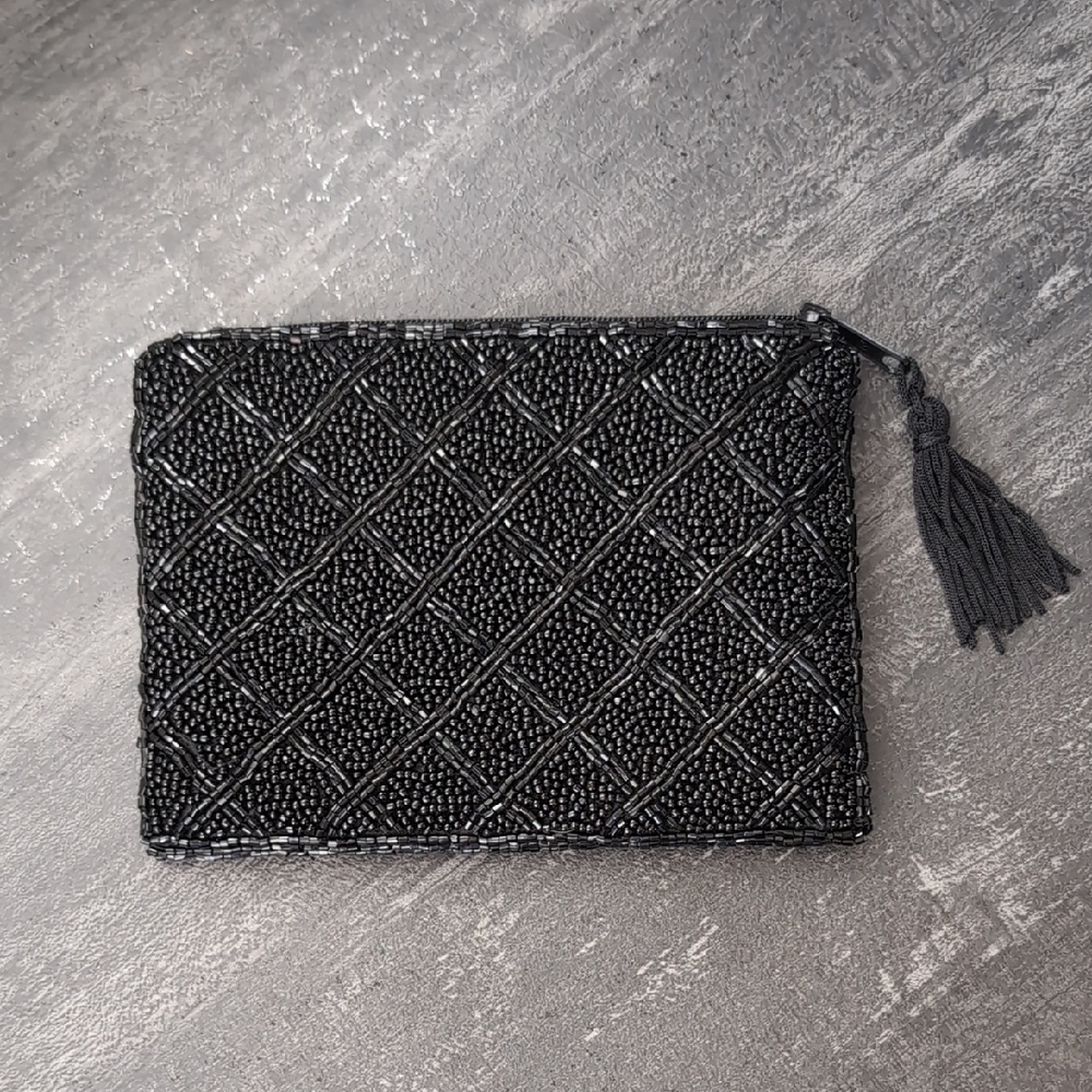 🖤 Vintage Lancome Black Beaded Clutch Makeup Bag